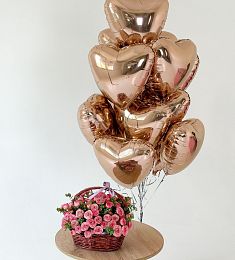Сет "Chillo 4.0" корзина пионовидных роз и фонтан из воздушных шариков