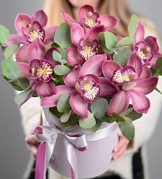 7 орхидей с эвкалиптом в коробке